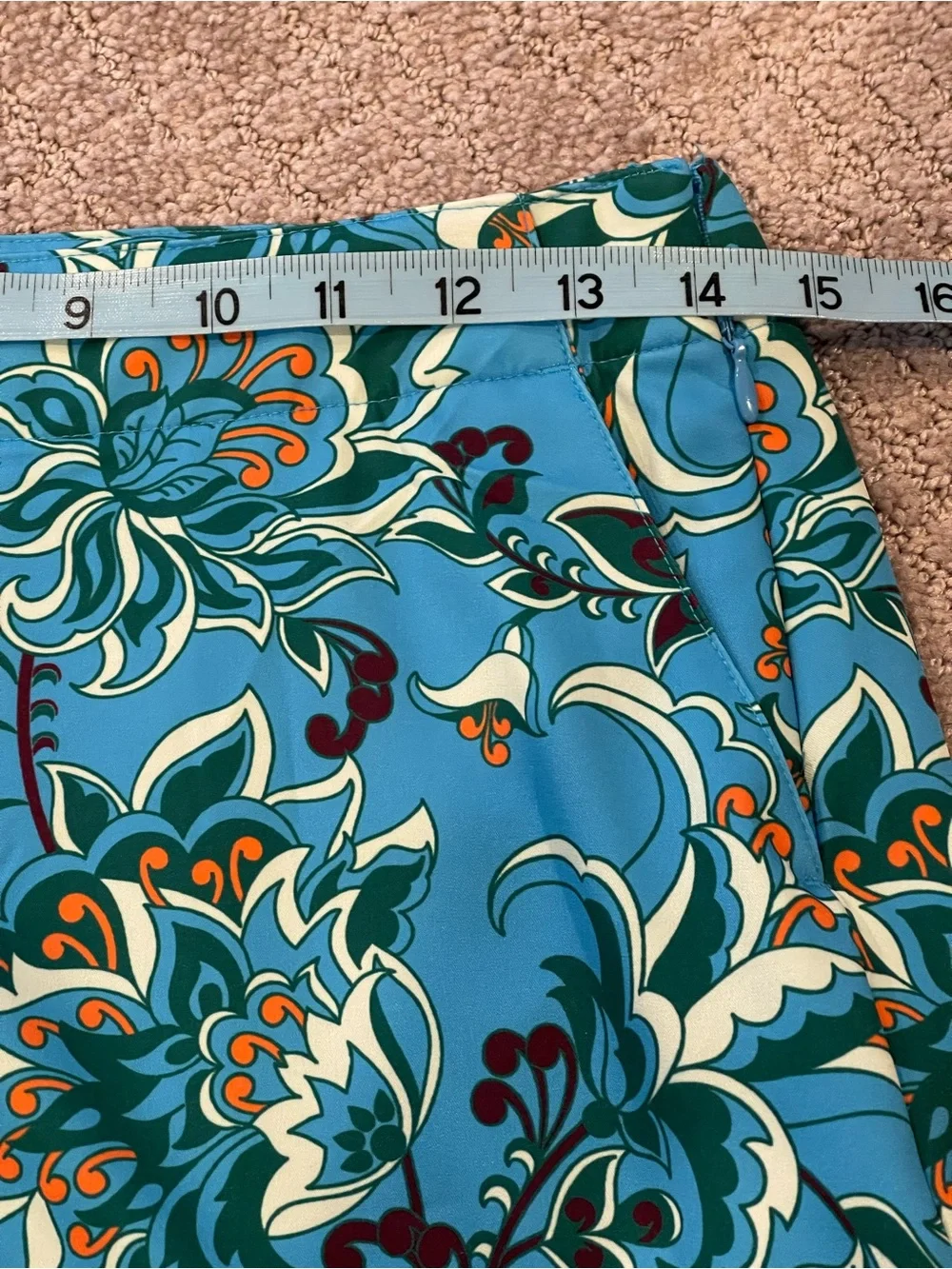 Lady Hagen Turquoise Blue Floral Mini Skirt/Skort with Orange Hem, Size 2